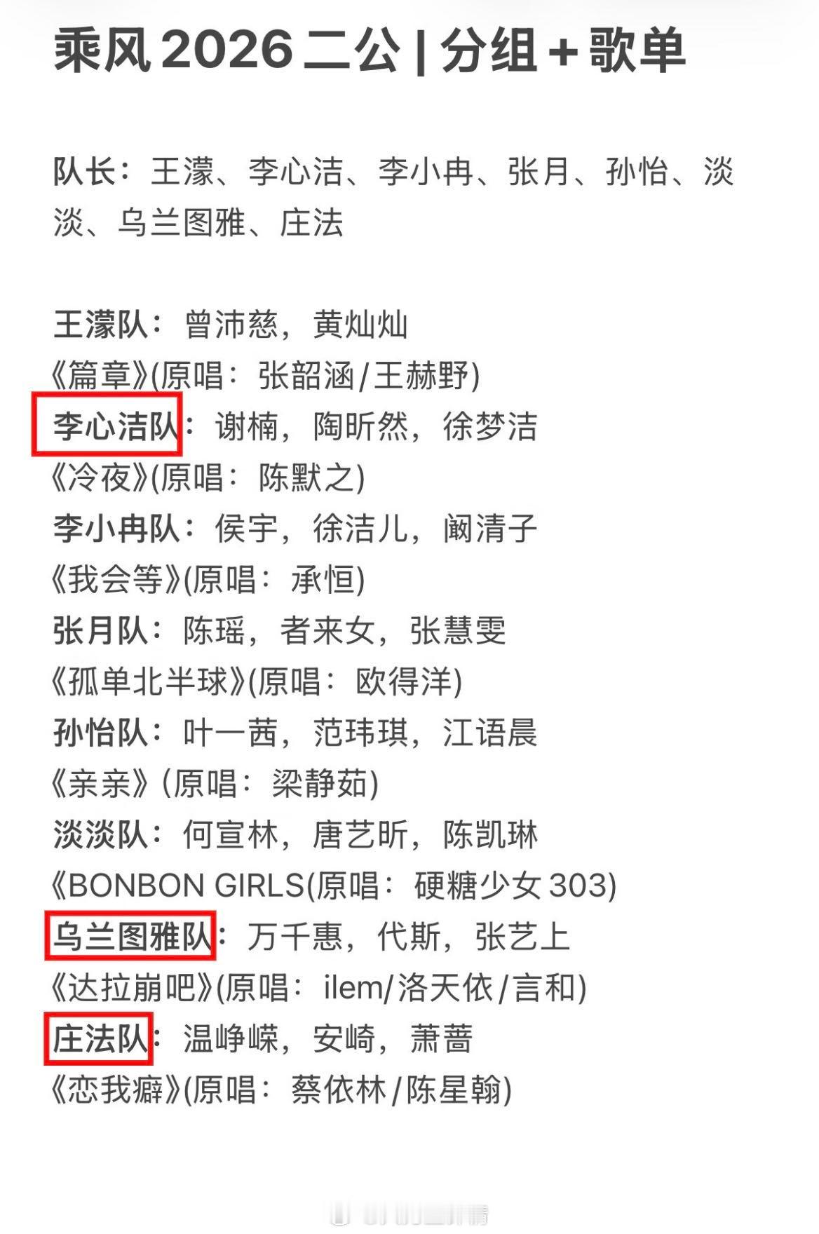 三公分组安崎组员都当过队长李心洁两次、乌兰图雅两次、庄法两次，搭配叶一茜，全员履