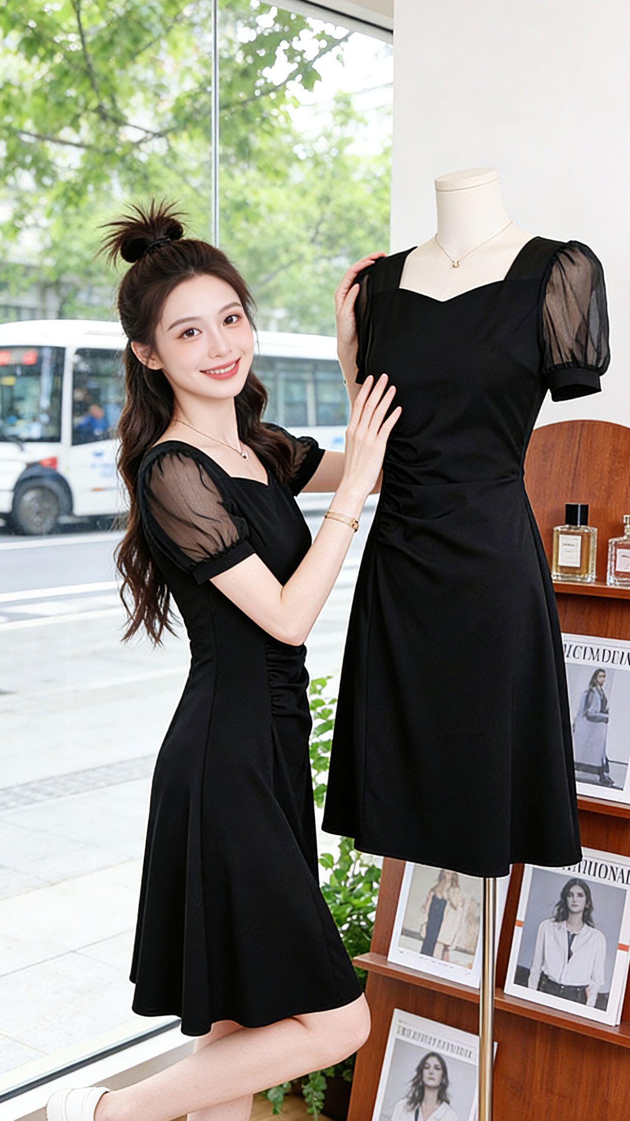 谁懂啊！夏天的氛围感穿搭密码，就是这条赫本风小黑裙！方领衬得肩颈线条超好看，网纱