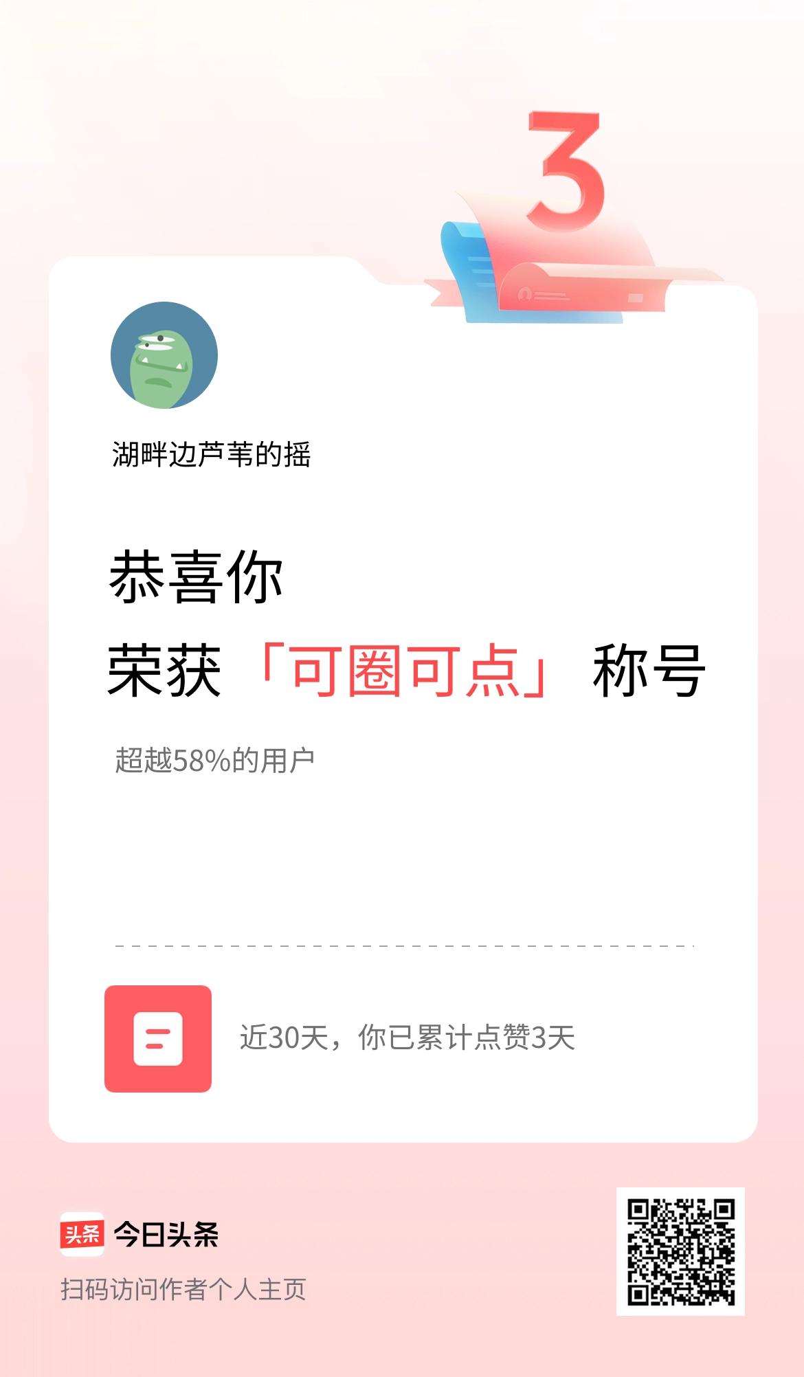 我在头条30天内点赞打卡3天，获得“可圈可点”称号