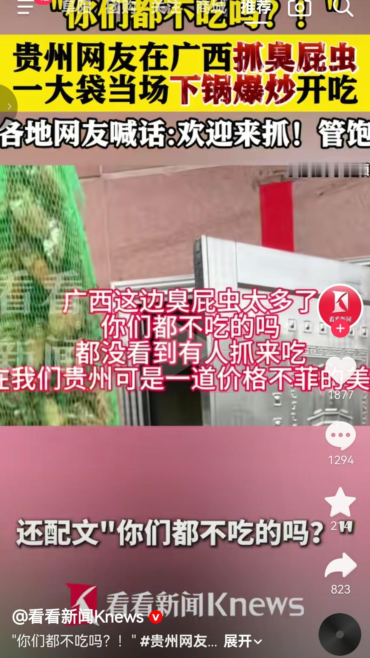 贵州网友在广西抓臭屁虫，当场爆炒开吃！网友笑疯：这波是反向“扶贫”
 
谁能想到