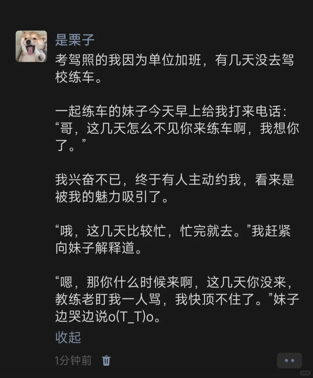 考驾照的我因为单位加班，有几天没去驾校