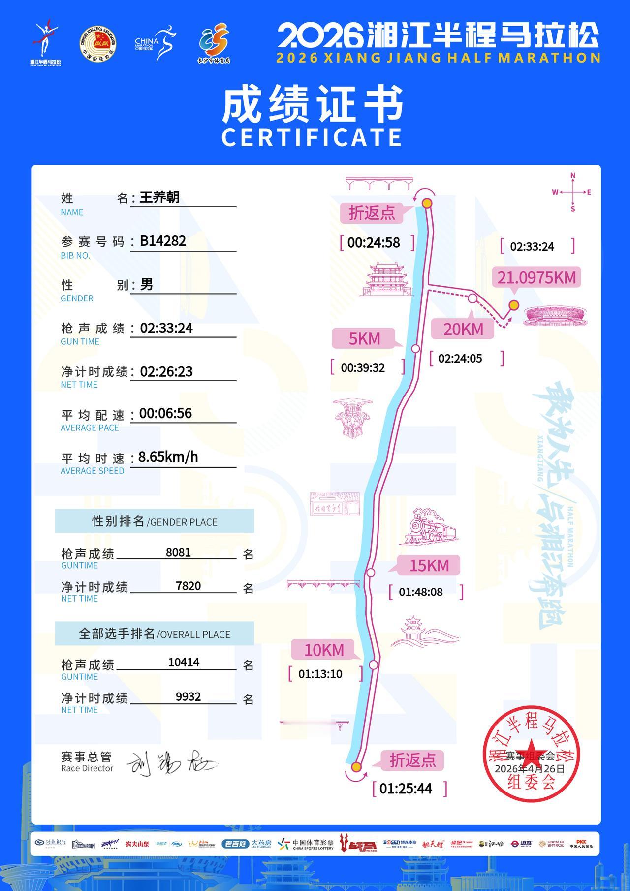 大家有没有发现湘江半程马拉松的成绩证书有点奇怪，路线图上成绩标注是枪声成绩。记得