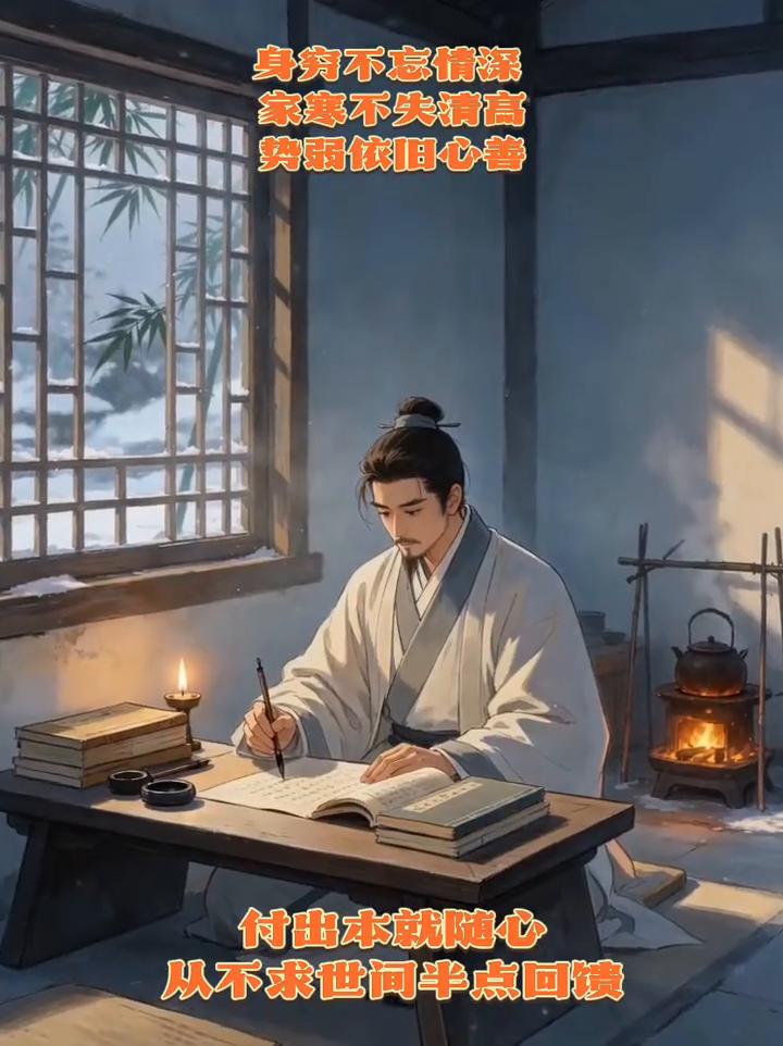 身穷不忘情深，家寒不失清高，势弱依旧心善。付出本就随心，从不求世问半点回馈。