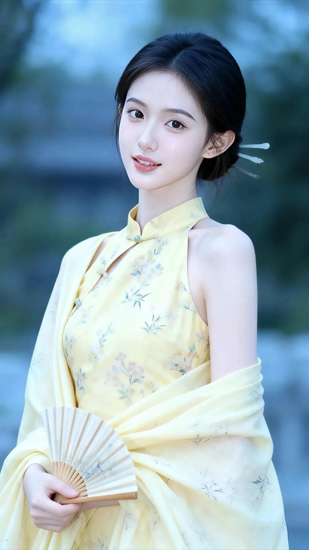 她的肌肤白皙胜雪，乌黑秀发被利落盘起，仅用一支简约发簪点缀，露出修长天鹅颈与精致