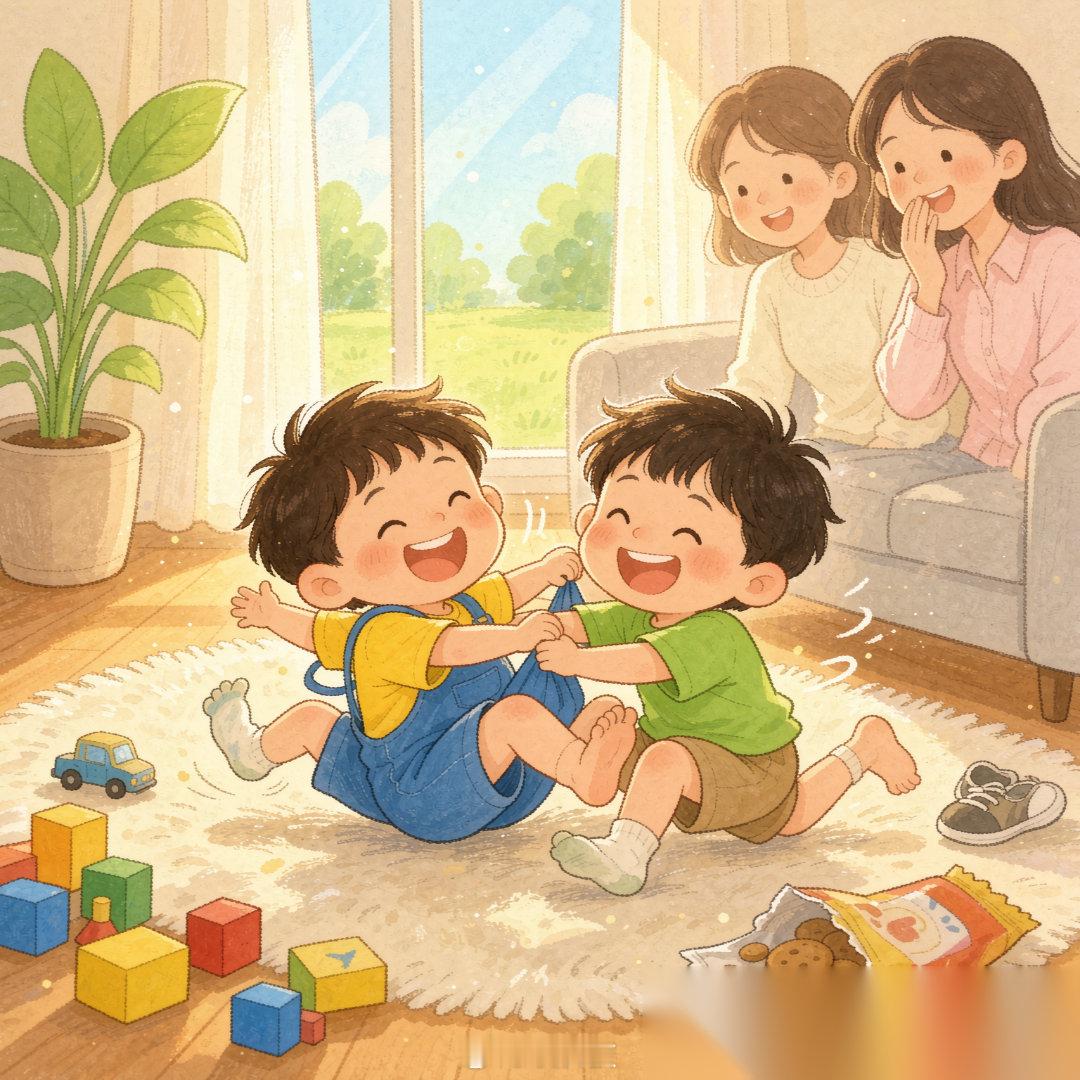 两个小孩第一次见面，二话不说先干一架。陈妍希儿子和谢楠儿子这社交方式，主打一个先