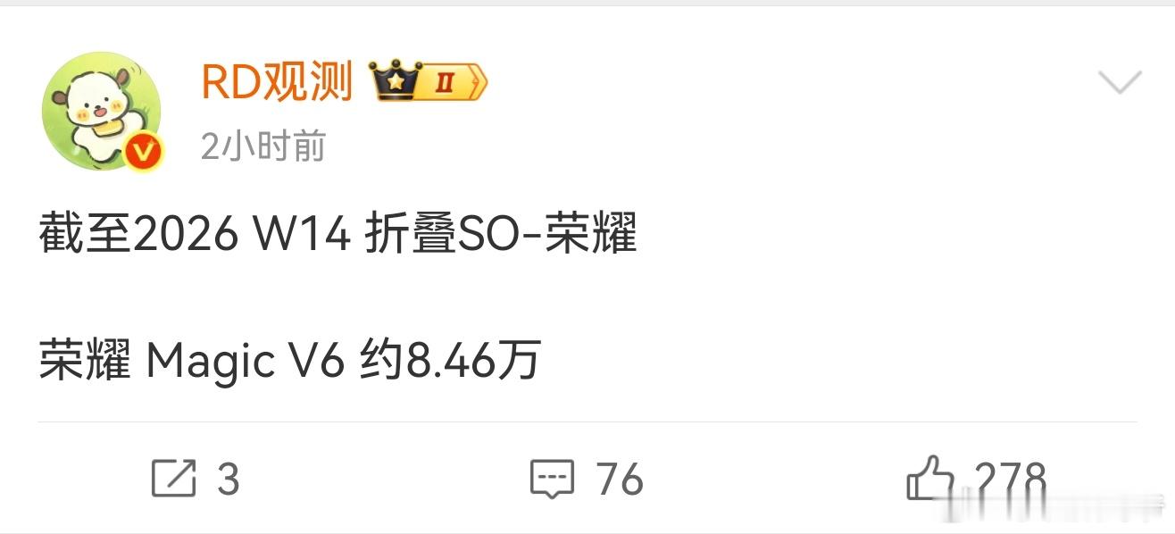 荣耀Magic V6累计出货量达8.46万台 上市仅1个月！ 