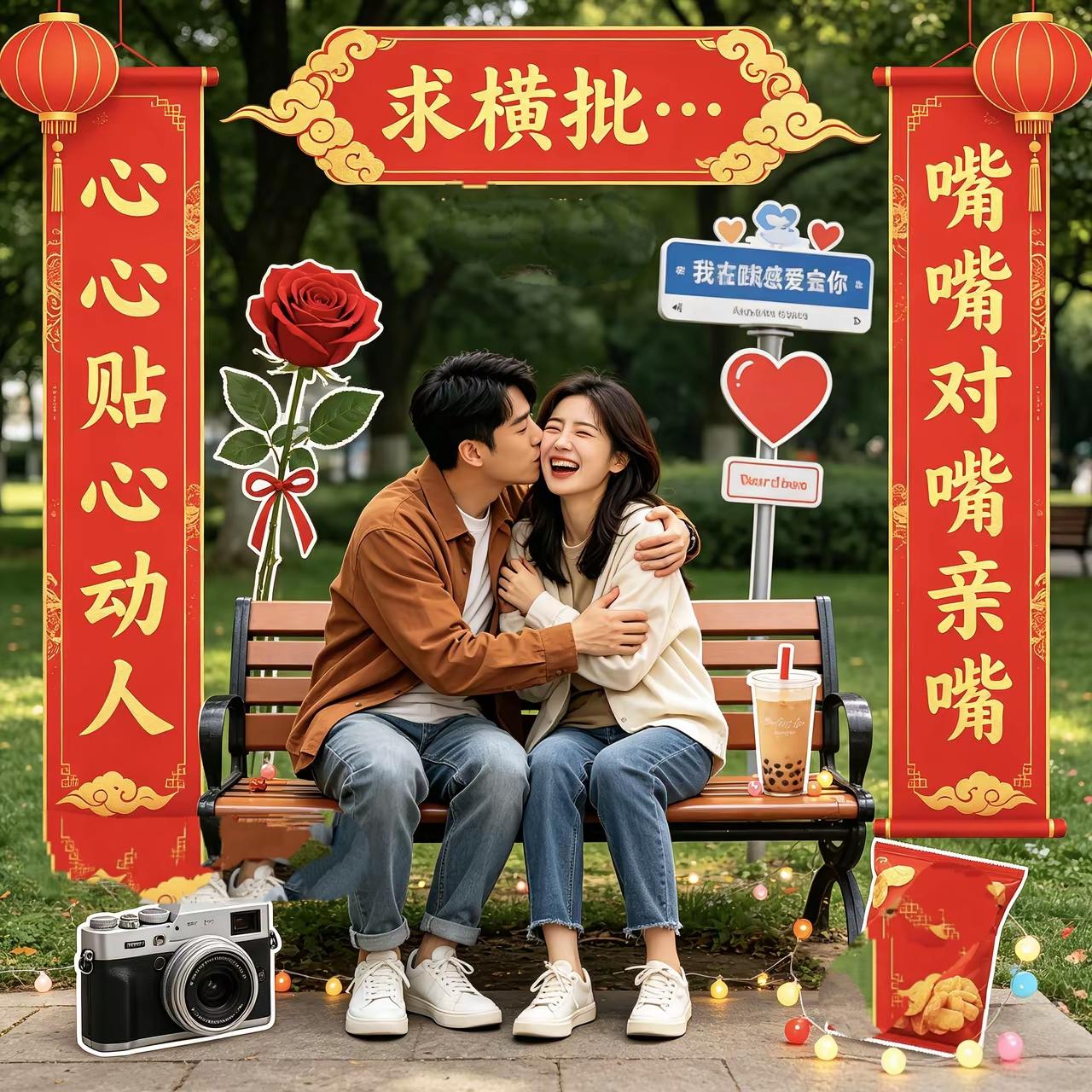 广东小伙和女友座在公园橙子上，拥抱亲嘴拍照后，相片里添加一副对联，可惜横批空空，