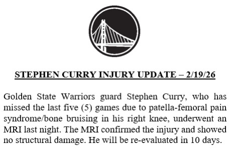 库里将缺席接下来的5场比赛好久没看我库打球了