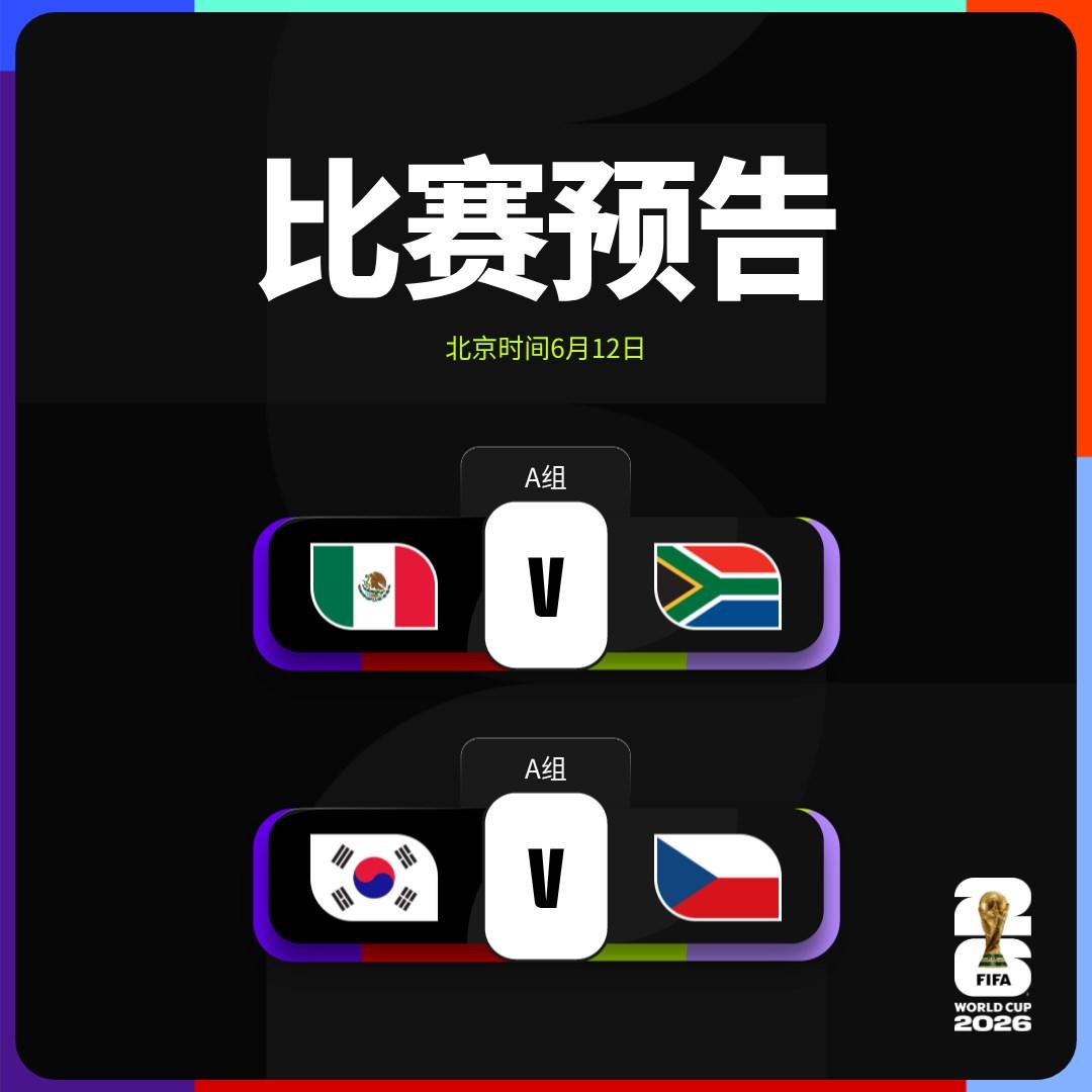 📌世界杯比赛预告

🏆小组赛第一轮
墨西哥🆚南非
⏰北京时间6月12日03