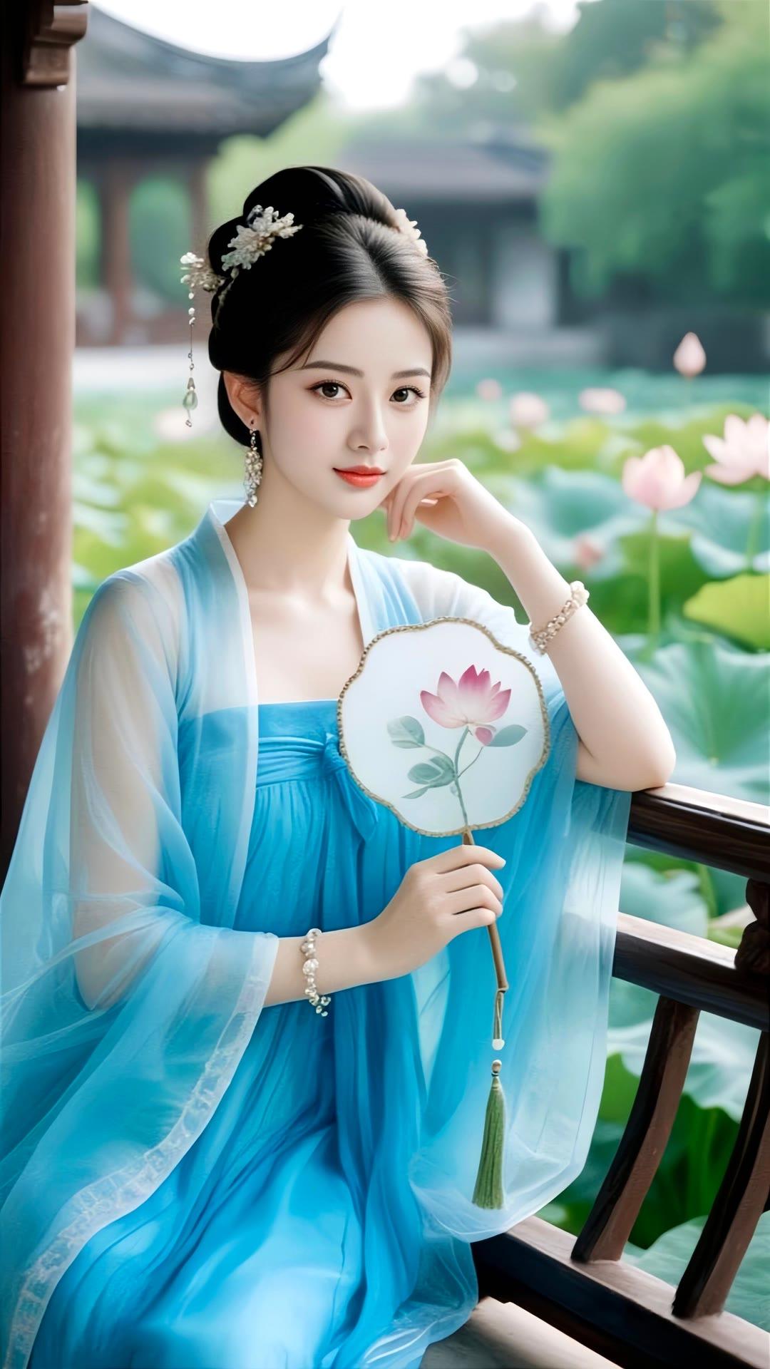 古风少女，莲花扇，夏日荷塘，清新雅致。