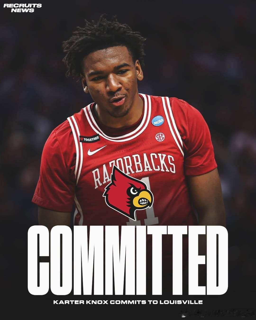 阿肯色大学侧翼卡特·诺克斯(Karter Knox)转学加盟路易斯维尔大学这位身