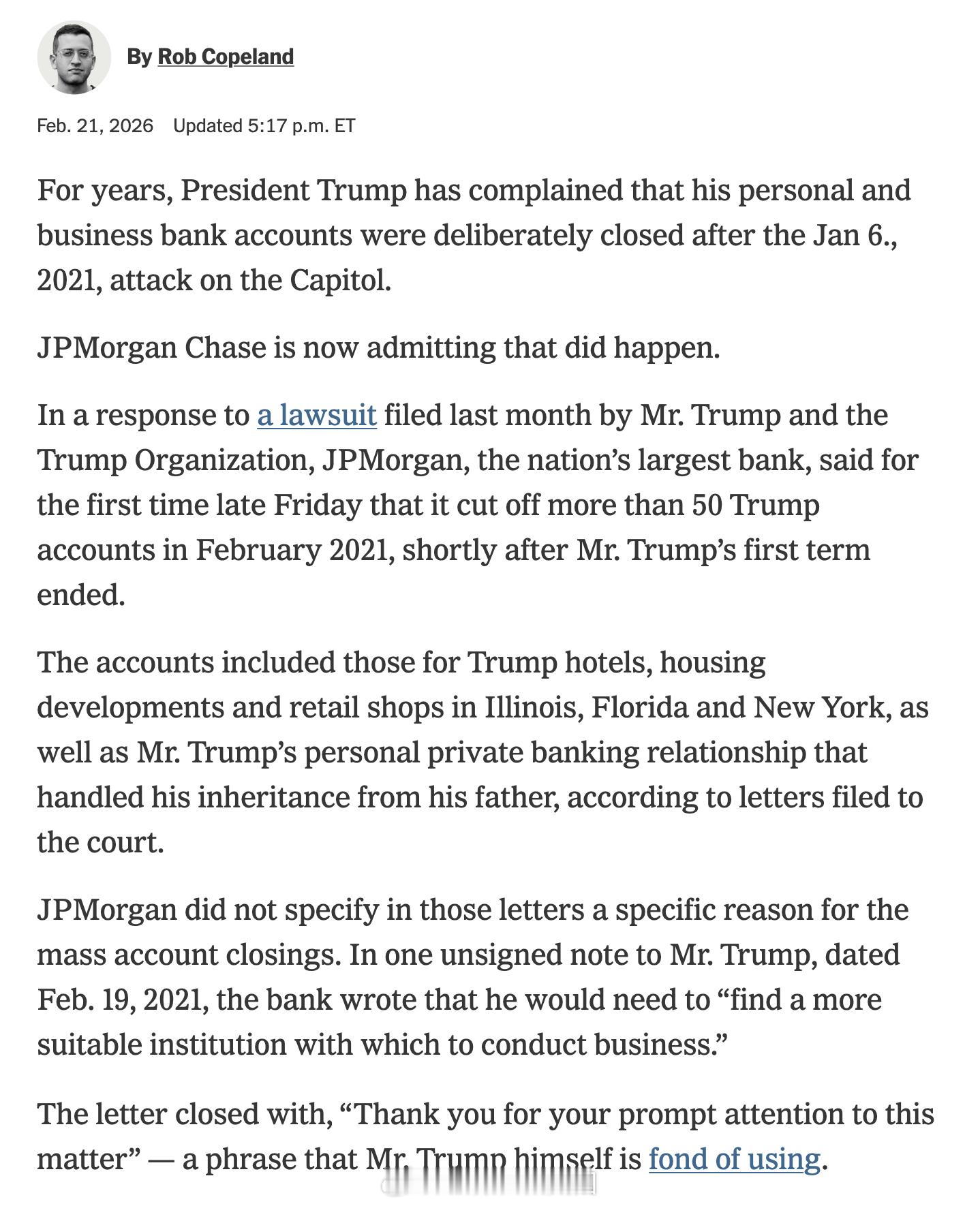 摩根大通在回应川普及其公司提起的诉讼时首次承认，2021年2月、也就是1月6日国