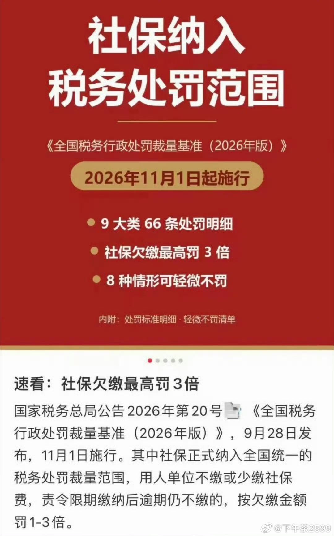 社保欠缴最高罚3倍！国家税务总局公告2026年第20号《全国税务行政处罚裁量基准