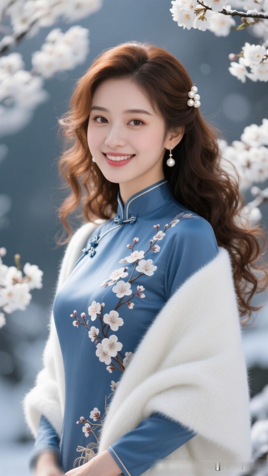 春日里的花枝俏美人，蓝衣白花相映成趣，宛如画中仙。什么样的女孩你看一眼就会心动