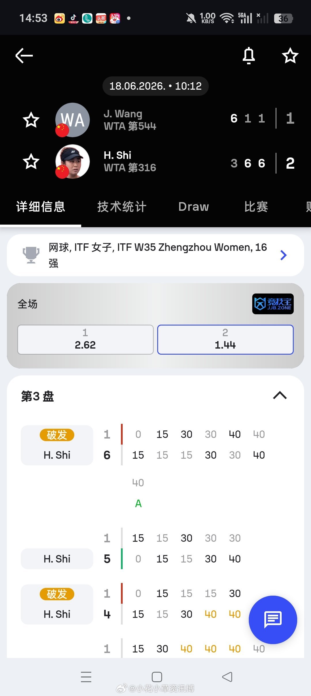 小花小草资讯 【🇨🇳郑州W35】女单第二轮🇨🇳施晗3-6/6-1/6-1