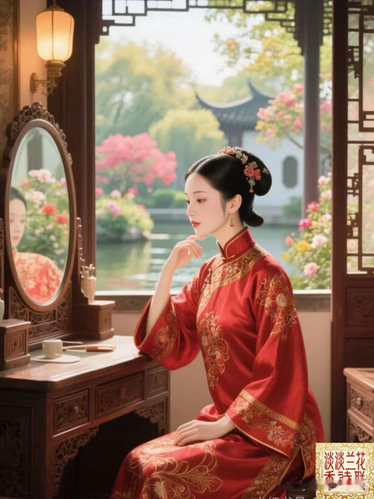 天净沙·妆台春望
临妆细整春衣，
莺啼岸柳依依。
落絮沾襟漫起，
心随云逝，
悠