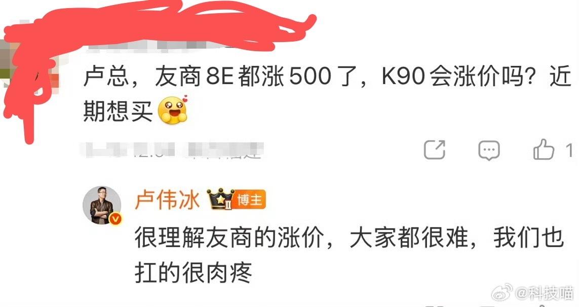 卢伟冰回应K90是否涨价：我们也扛的肉疼也没说是否涨价，但是OPPO，vivo涨