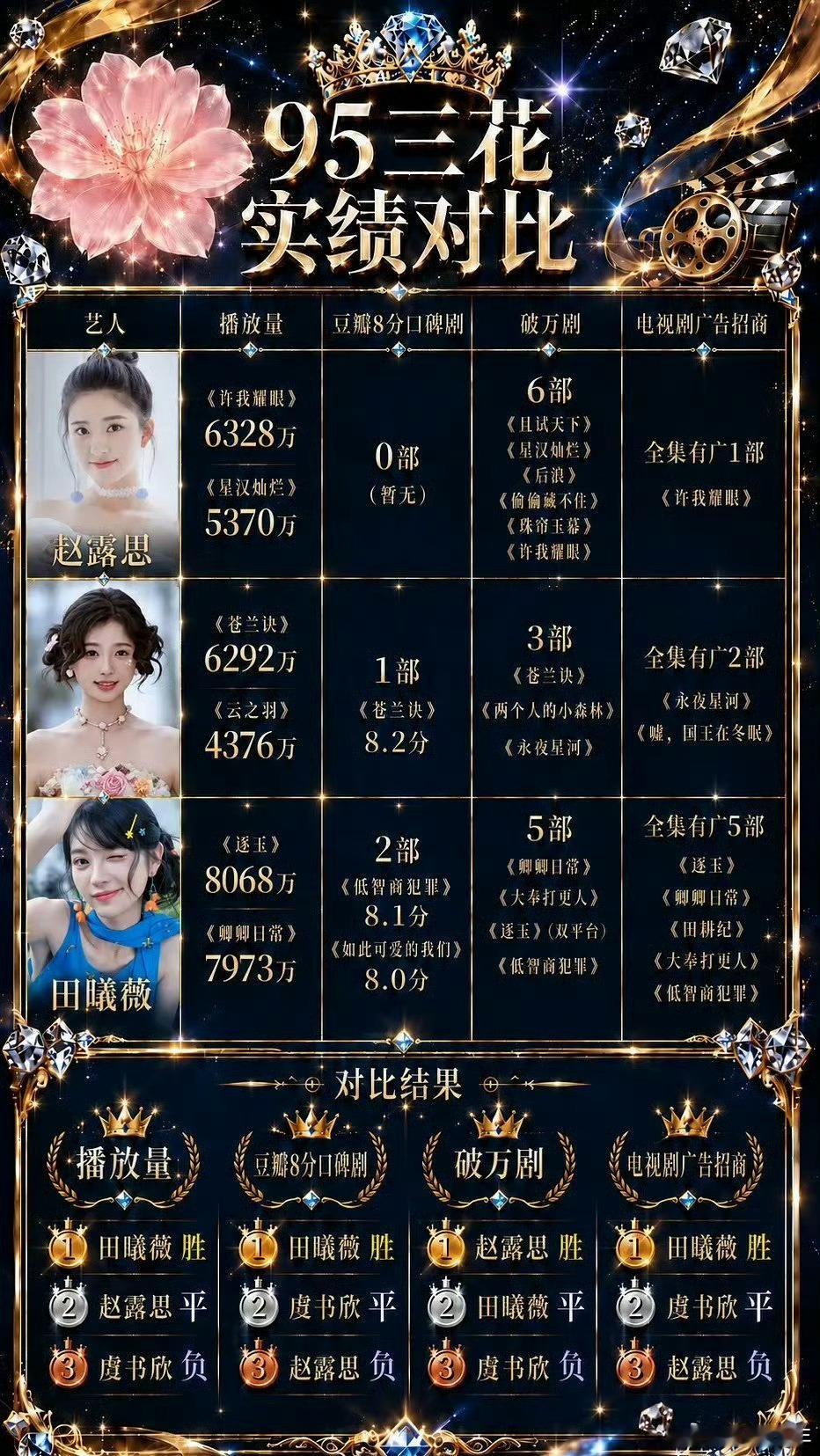 95三花实绩对比95花实绩图作为当前热度居高不下的95花代表，虞书欣、赵露思、田