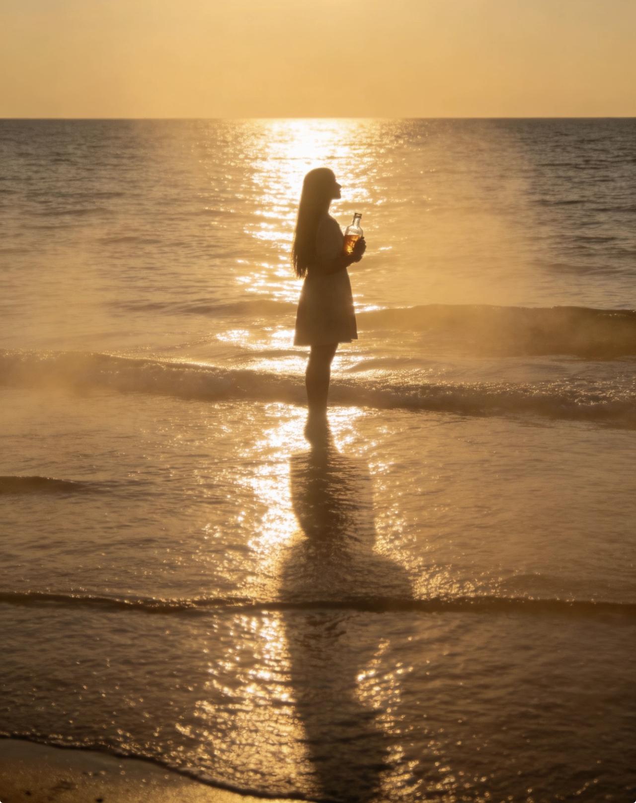 瓶中时光，思念成潮

海边的风总带着咸涩，像未说出口的思念，在暮色里漫开。她赤脚