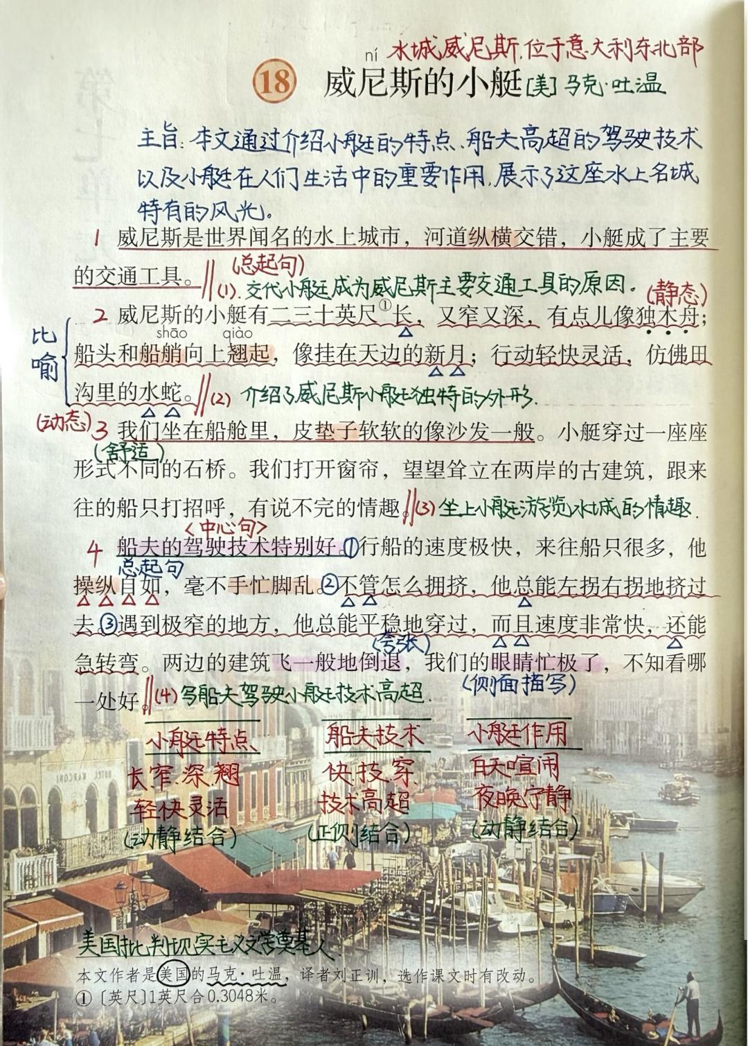 五年级下册语文，第七单元第18课《威尼斯的小艇》课堂学习笔记，收藏复习巩固知识五