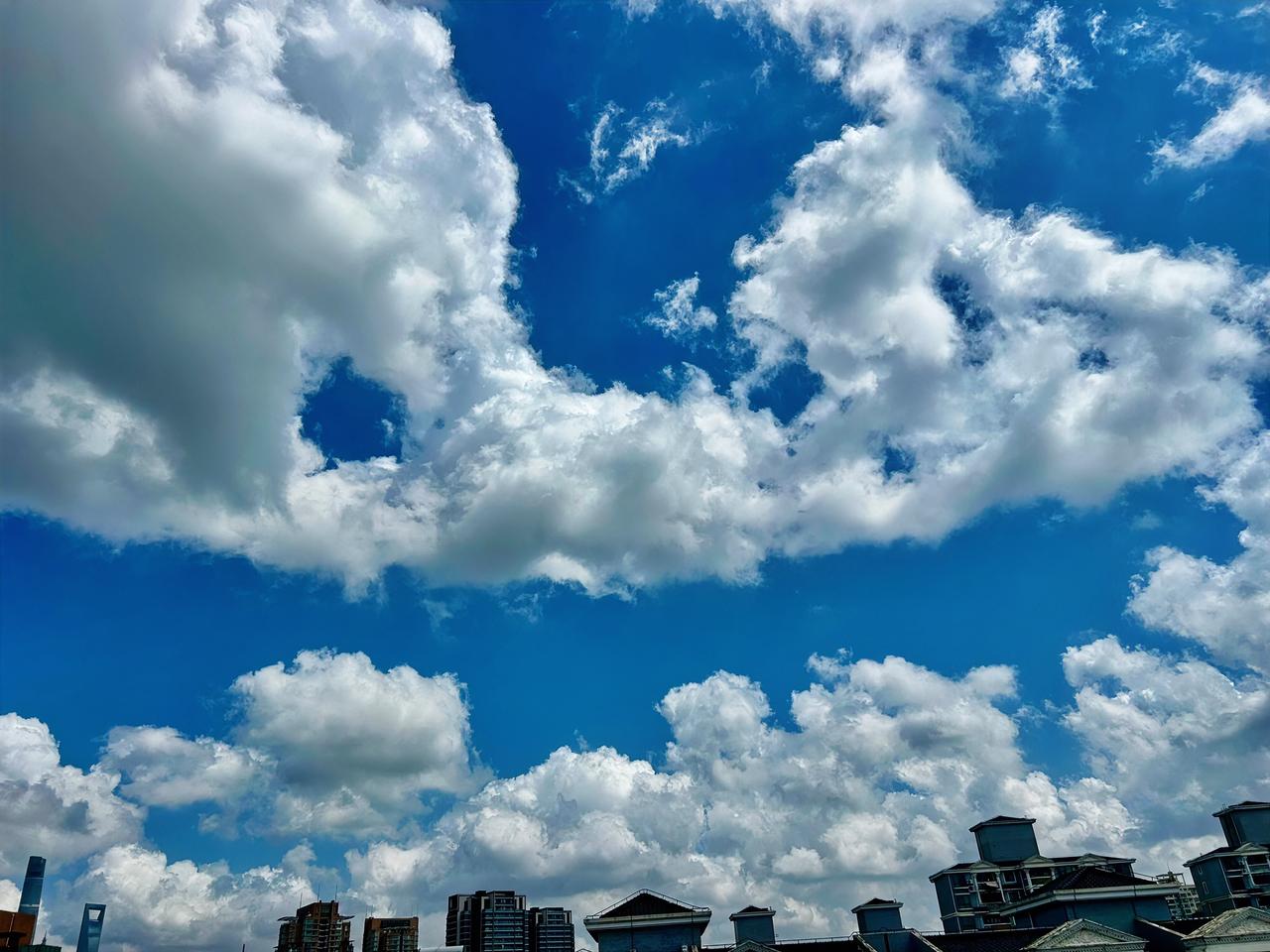 春夏之交，连日天晴，万里长空蓝天白云，分外清爽喜人。随手一拍，便是美图一帧。