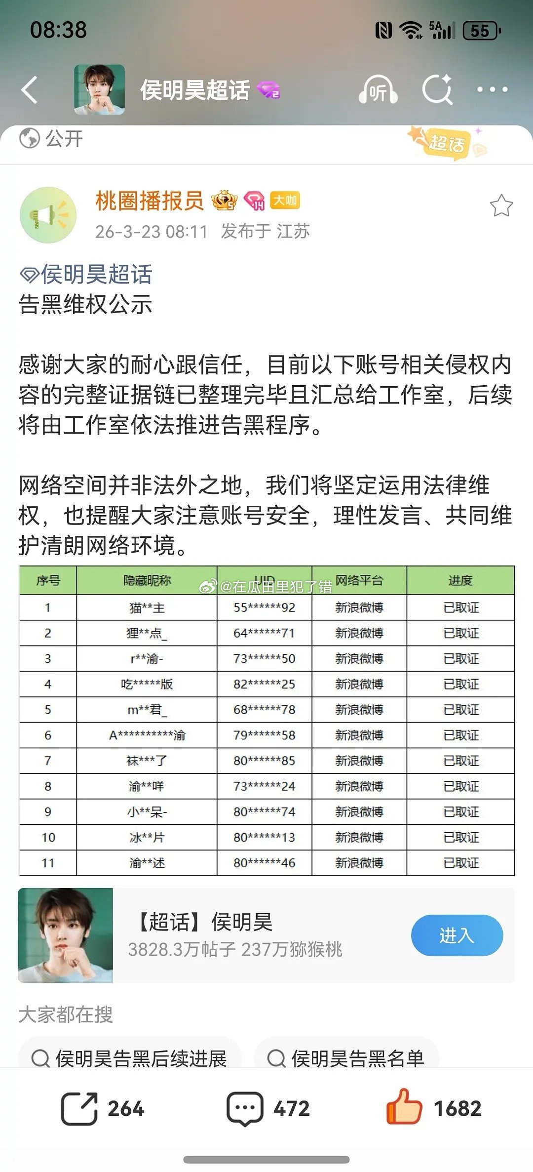 tg，侯明昊家取证了好多田栩宁粉丝
