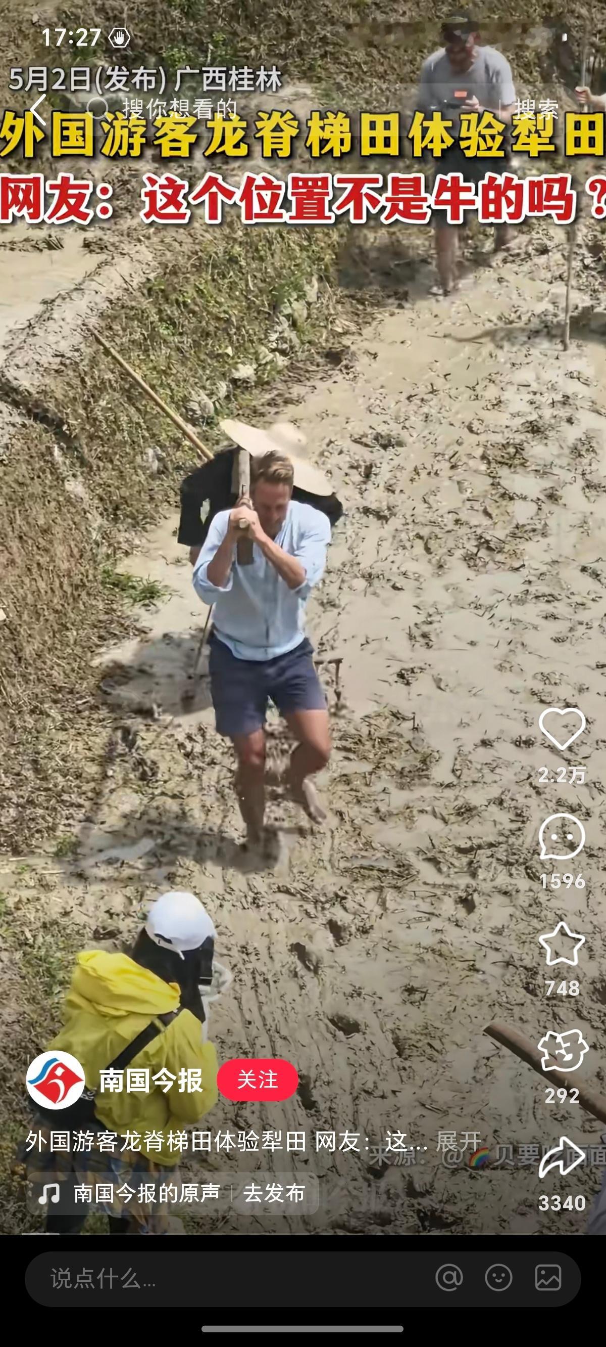 老外来中国旅游已经这么卷了还有亲自犁田割稻谷的，是的，来大广西就是要种地啊，旅游