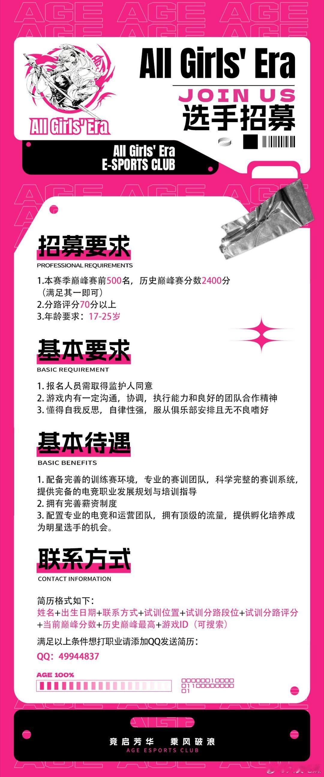 【招募】AG E发起王者荣耀项目女队选手招募1.本赛季巅峰赛前500名，历史巅峰