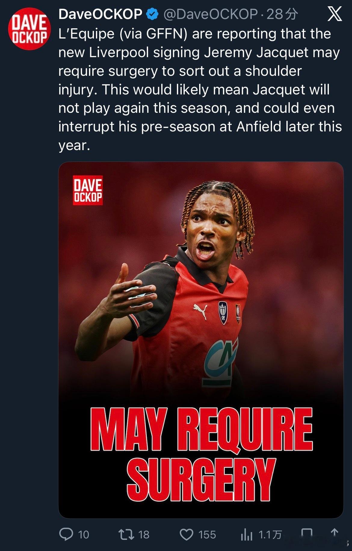 雅凯这不仅赛季报销了，就连下赛季利物浦的热身赛都有可能赶不上了。你说这是怎么一回