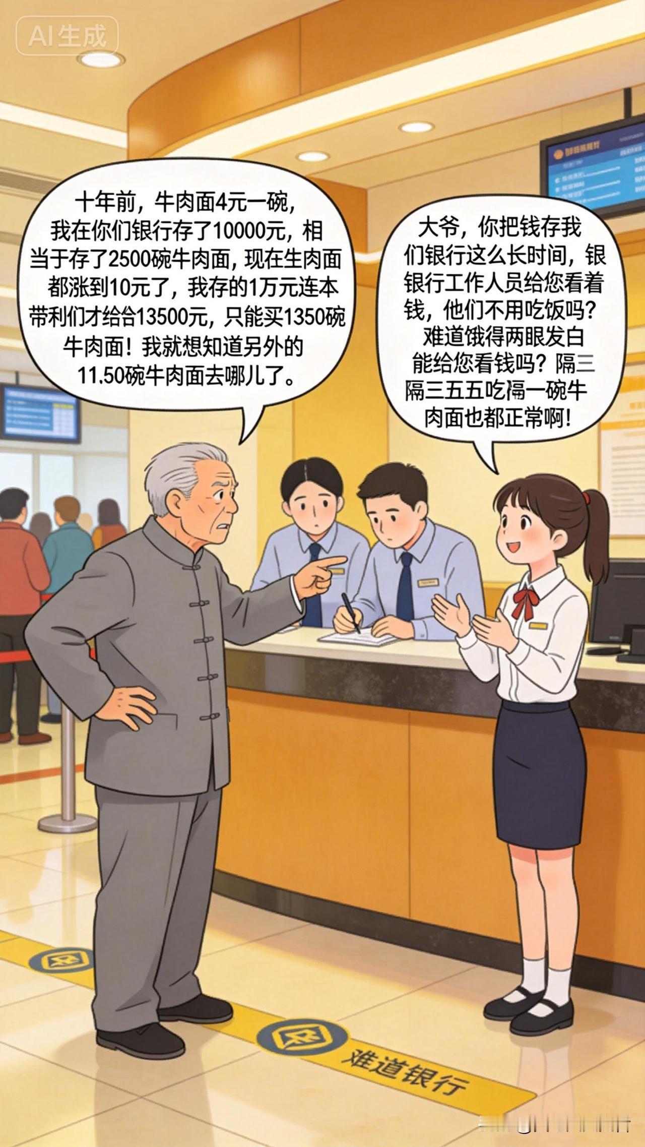 讲道理
一位大爷在银行发火说：“十年前，牛肉面4元一碗，我在你们银行存了1000