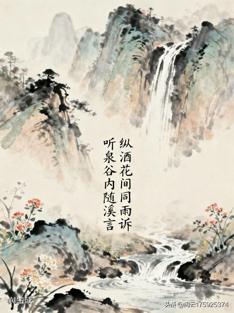 上联：纵酒花间同雨诉，安子邀对，，听泉谷内随溪言！[微风]