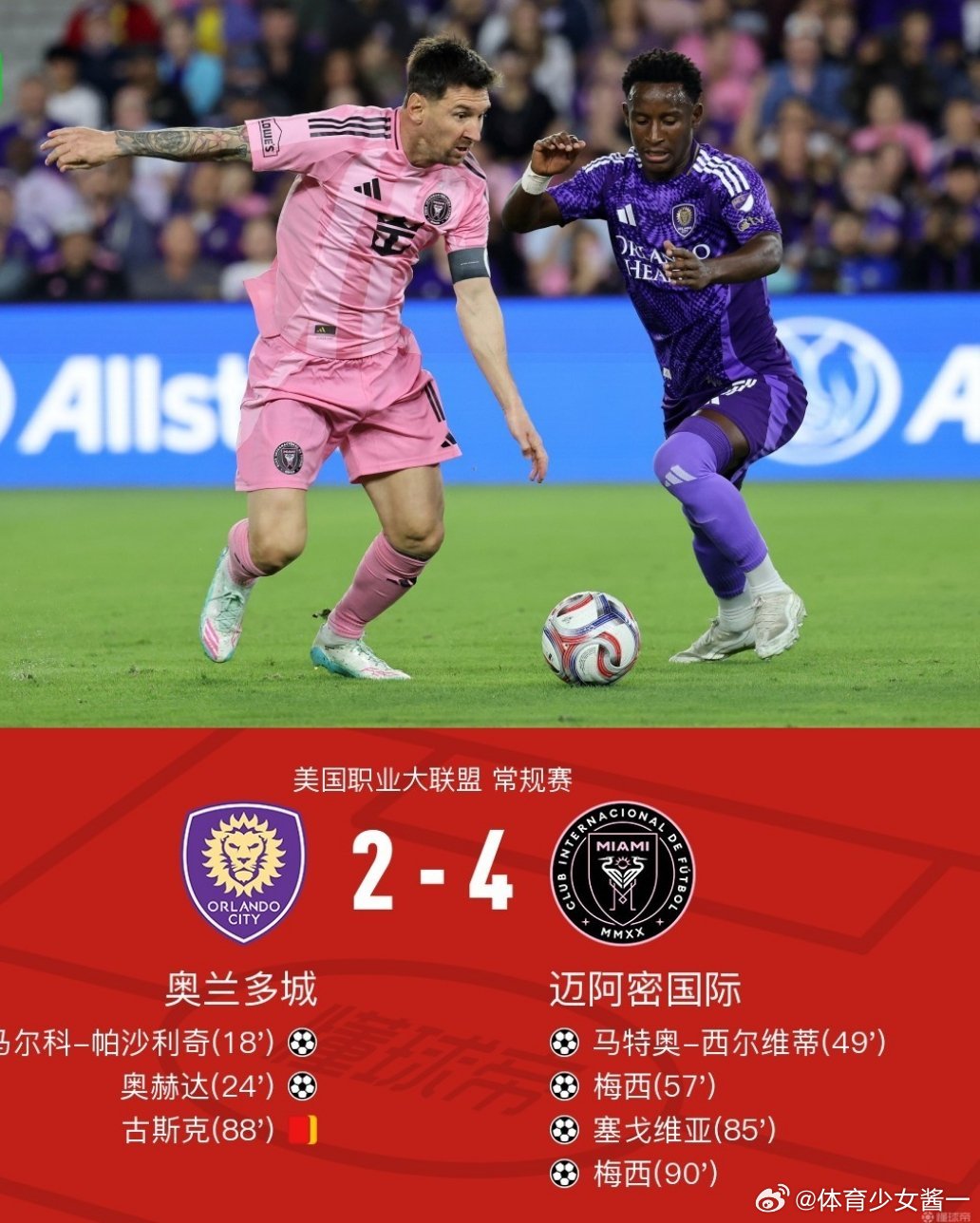 梅西梅开二度迈阿密国际4-2逆转奥兰多城，梅西助攻+双响，塞戈维亚传射北京时间3