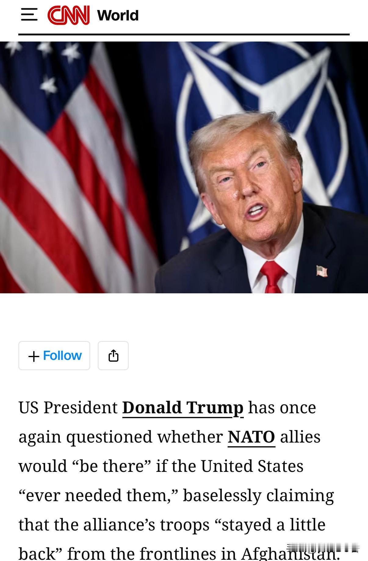 川普一番话激怒了北约成员。
  他再次质疑道，如果美国“需要北约盟友”，他是否会