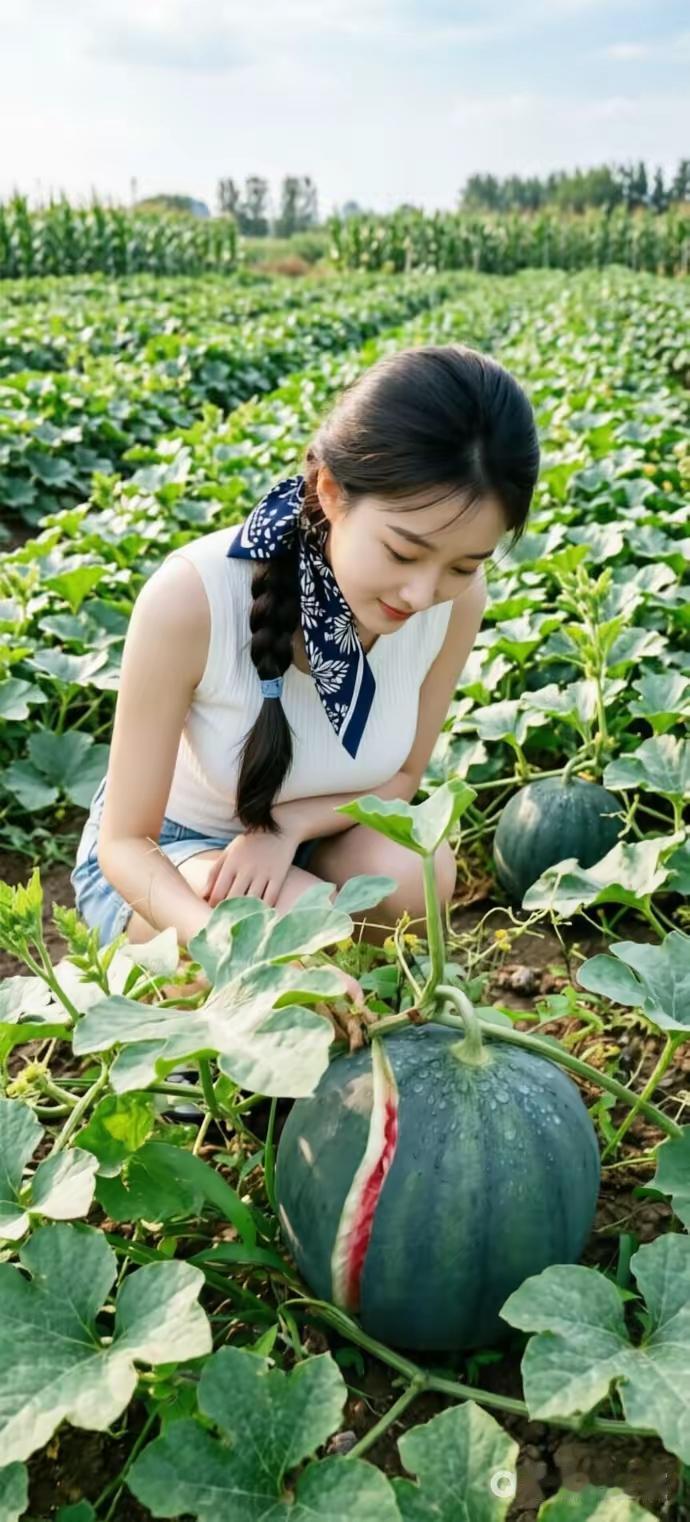 一个女孩在田里摘西瓜呢。