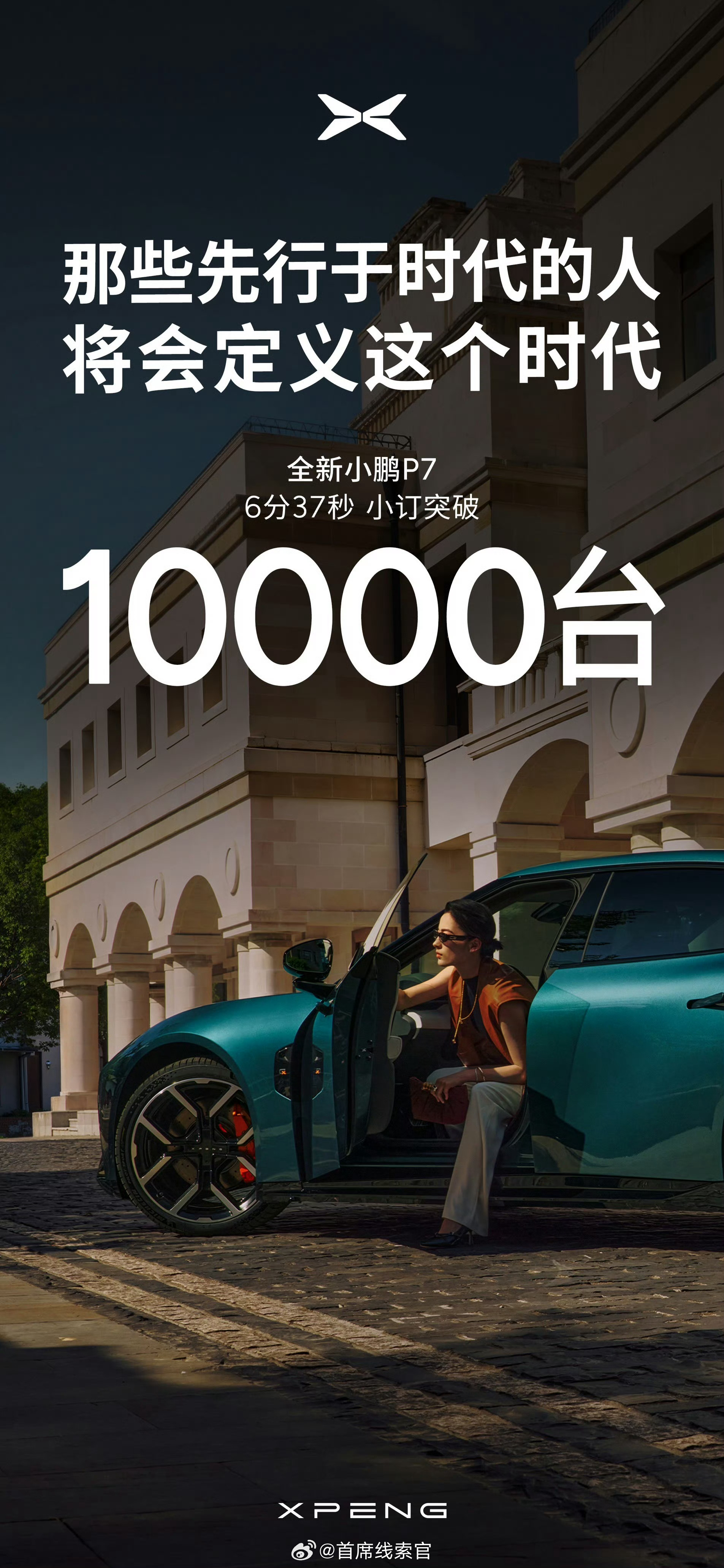全新小鹏 P7 开启小定后，6 分 37 秒，小定突破 10000 台。时尚圈都