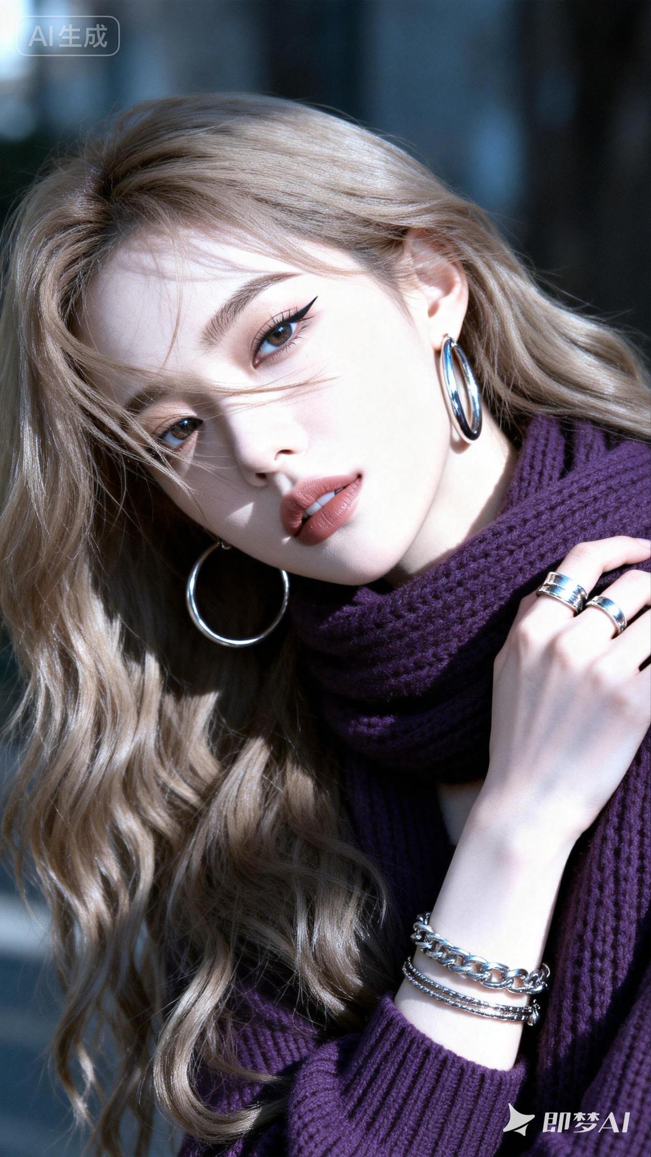 冬日暖阳下的优雅穿搭，紫色毛衣与金属耳环的完美搭配，尽显时尚魅力！🌞👗💎