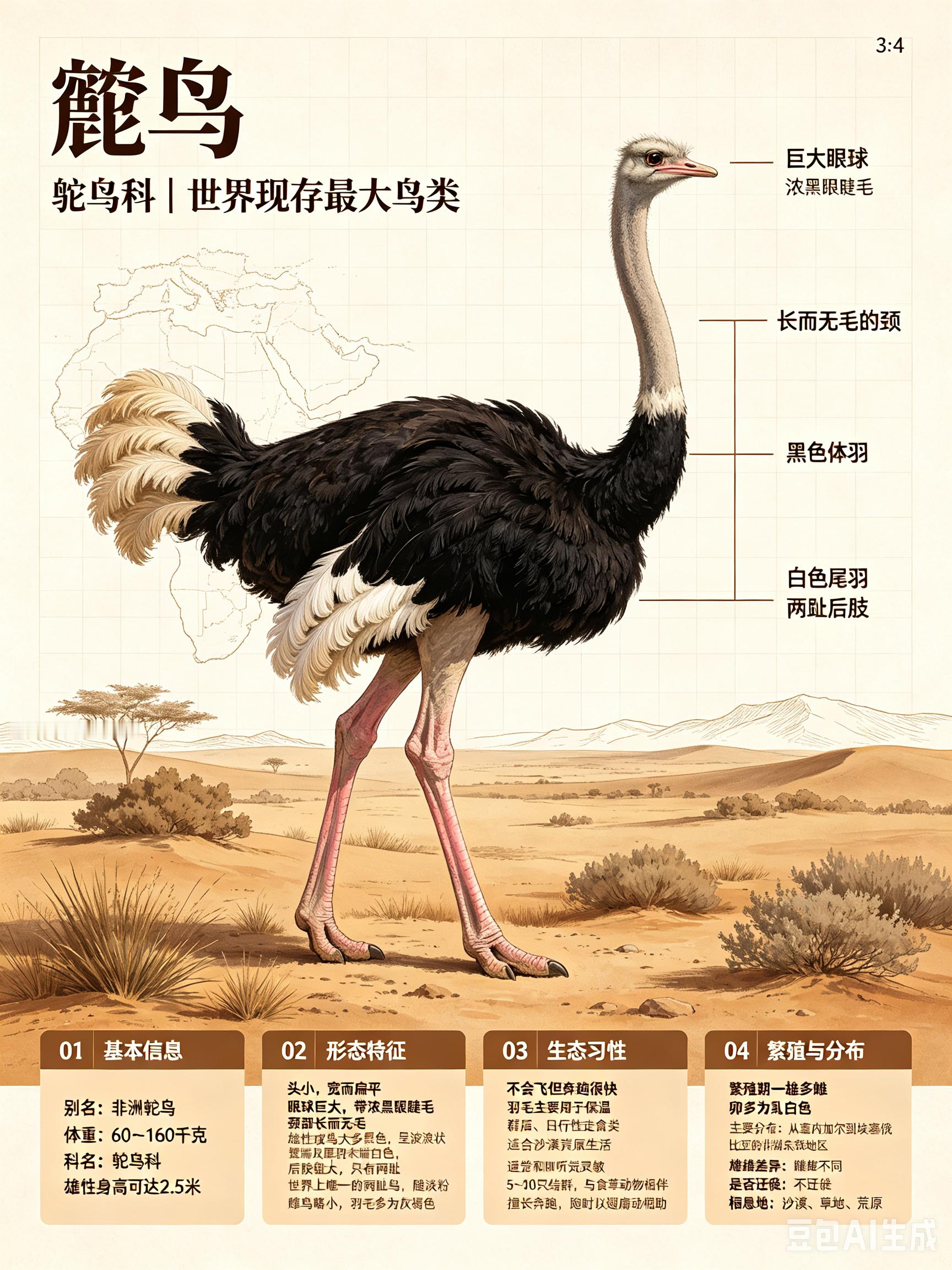 鸟类朋友图鉴 鸵鸟科名：鸵鸟科体重：60～160千克别名：非洲鸵鸟鸵鸟是非洲一种