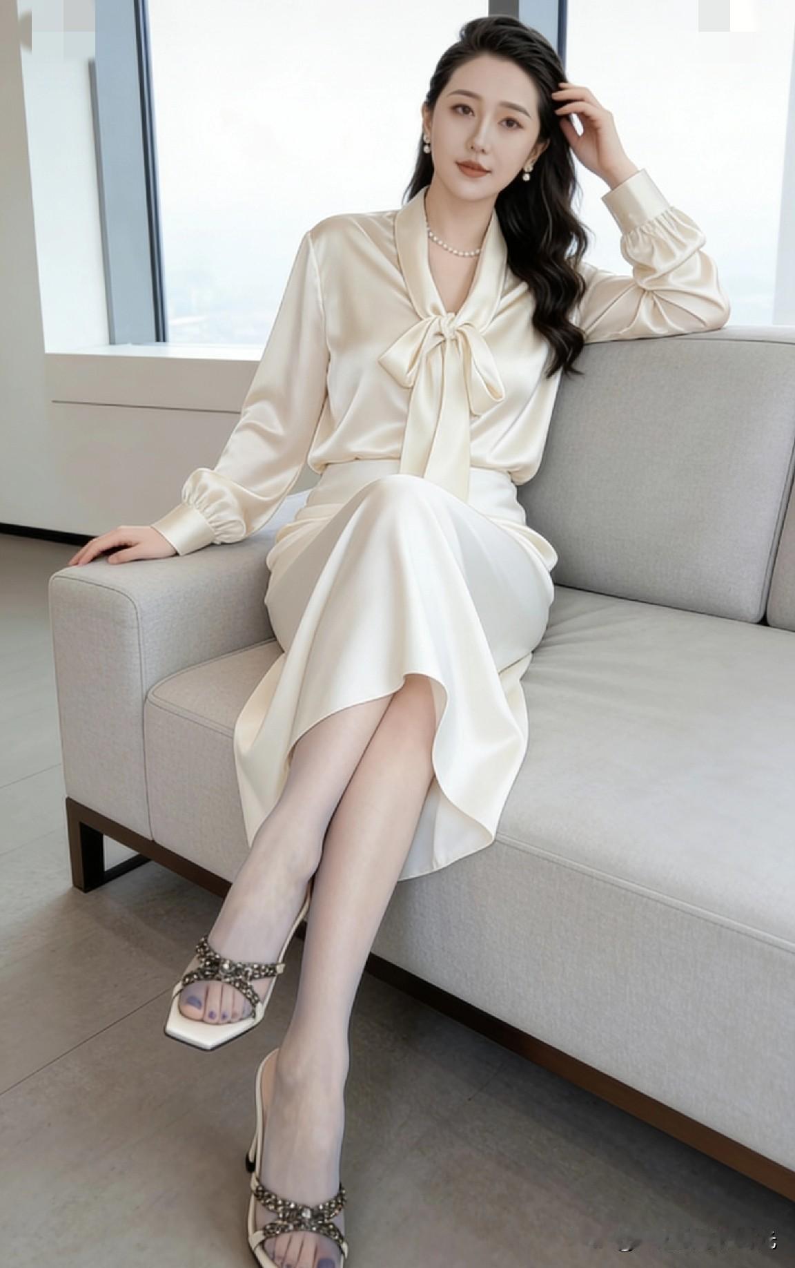 优雅气质穿搭，珍珠项链与丝质连衣裙完美搭配，尽显女性魅力！