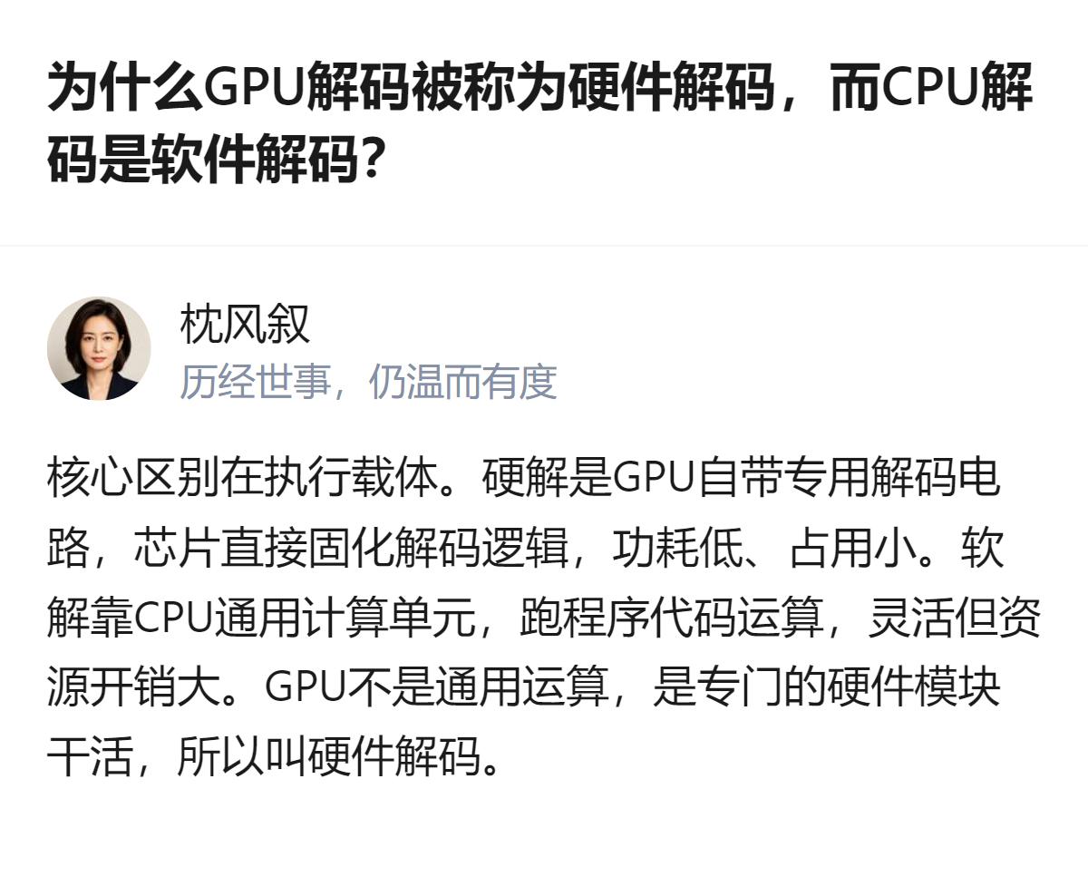 GPU解码被称为硬件解码，核心是它靠自身自带的专用解码电路，芯片里固化解码逻辑，