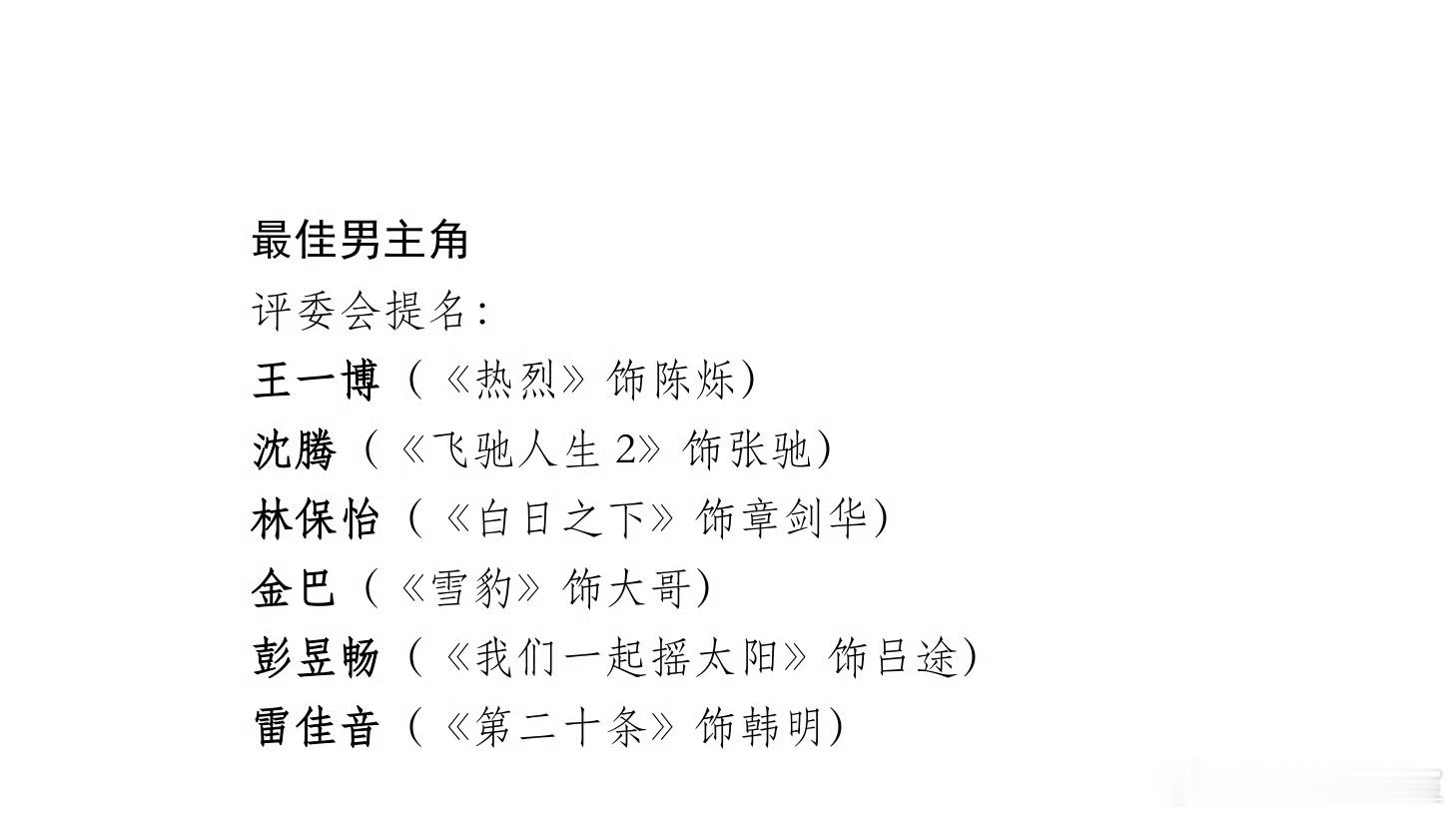 #第37届金鸡奖提名名单# 电影颁奖季又来啦男主角：雷佳音 王一博 彭昱畅 沈腾