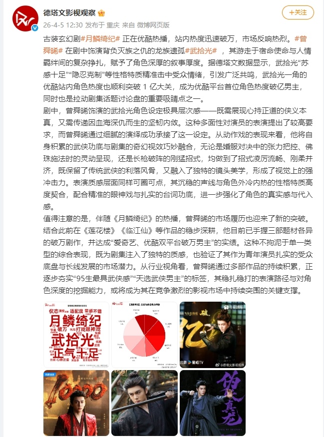 德塔文谈曾舜晞武拾光曾舜晞武拾光德塔文数据 德塔文数据显示曾舜晞演的武拾光，直接