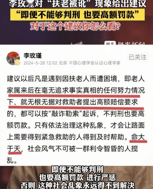 “不能判刑，那就高额罚款！”2024年中国人民公安大学李玫瑾教授建议，凡是扶了老
