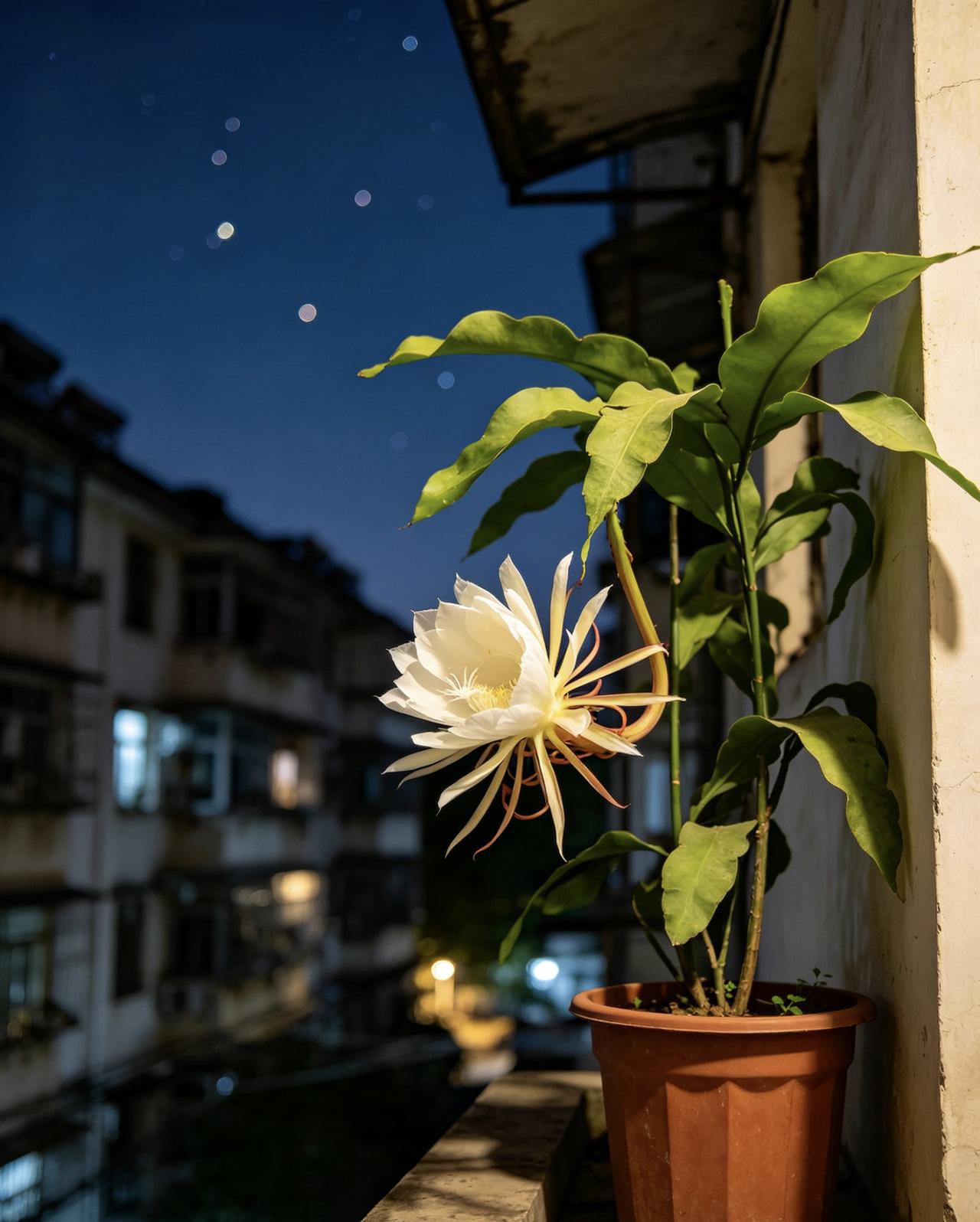 邻居王大爷在阳台养了盆昙花，三年没开过。昨晚突然开了，他挨个敲门喊人来看。七八个