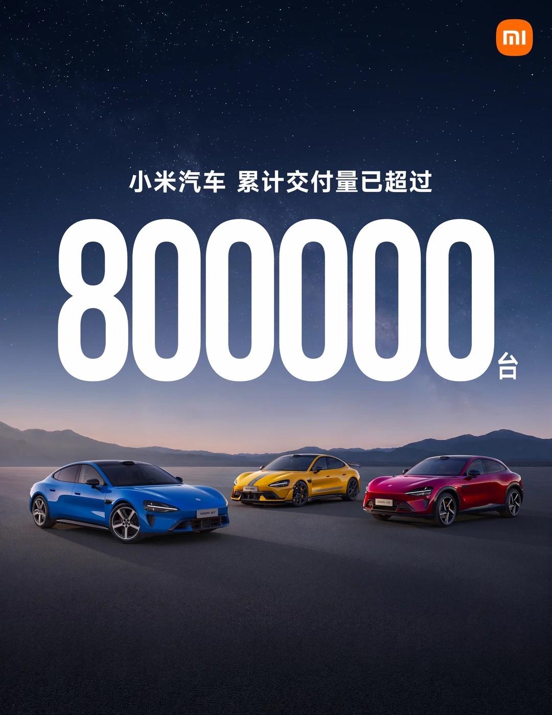小米汽车，累计交付已超过80万台。
感谢每一位车主的选择和喜爱。