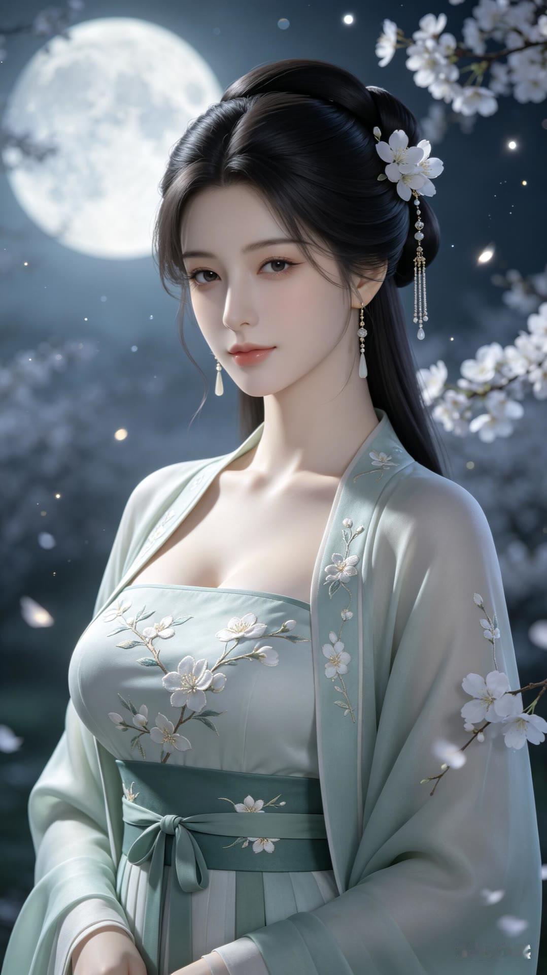 月色如水，花影婆娑，古风美人如画