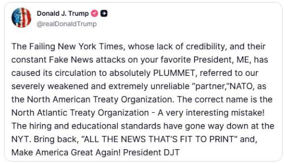 【特朗普称北约是“极其不可靠的伙伴” ，称该联盟“严重削弱”——并再次将责任归咎