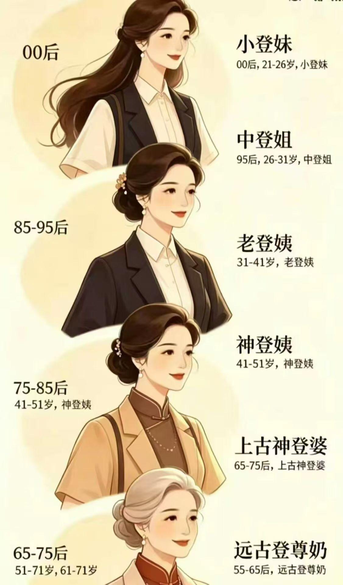 这是网上流行的“登字辈”年龄玩梗图，把女性按年龄段起了一套搞笑外号：小登妹、中登