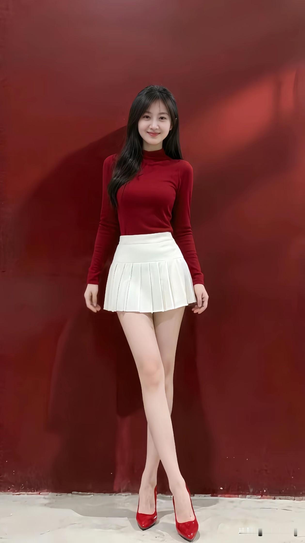 在红墙前定格美好瞬间，红色上衣与红墙相衬，洋溢着热情与活力。白色短裙轻盈灵动，搭