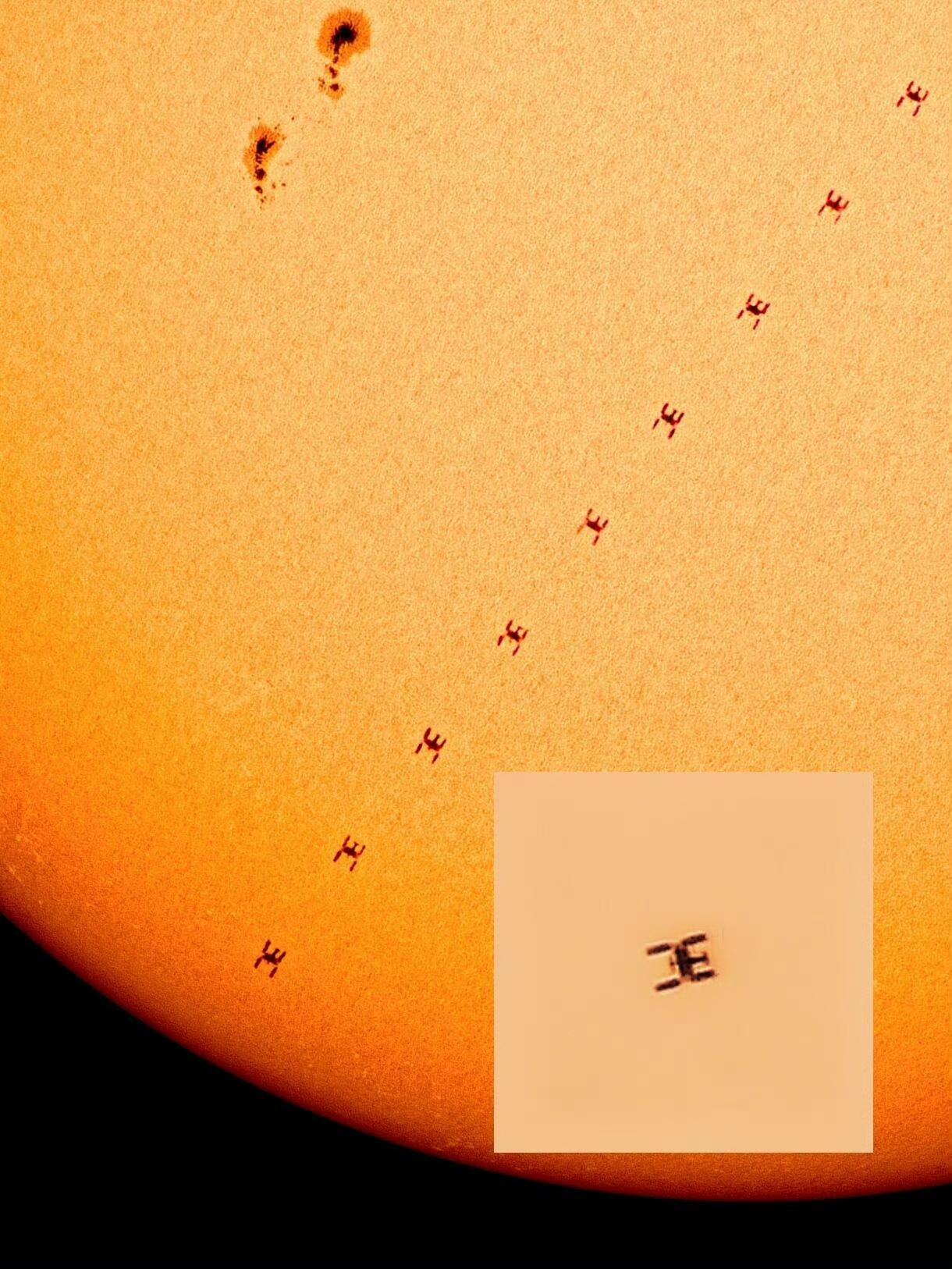 东大天宫空间站掠过太阳盘面。耀眼炽烈的太阳之上，满编的天宫组合体清晰浮现：天和核