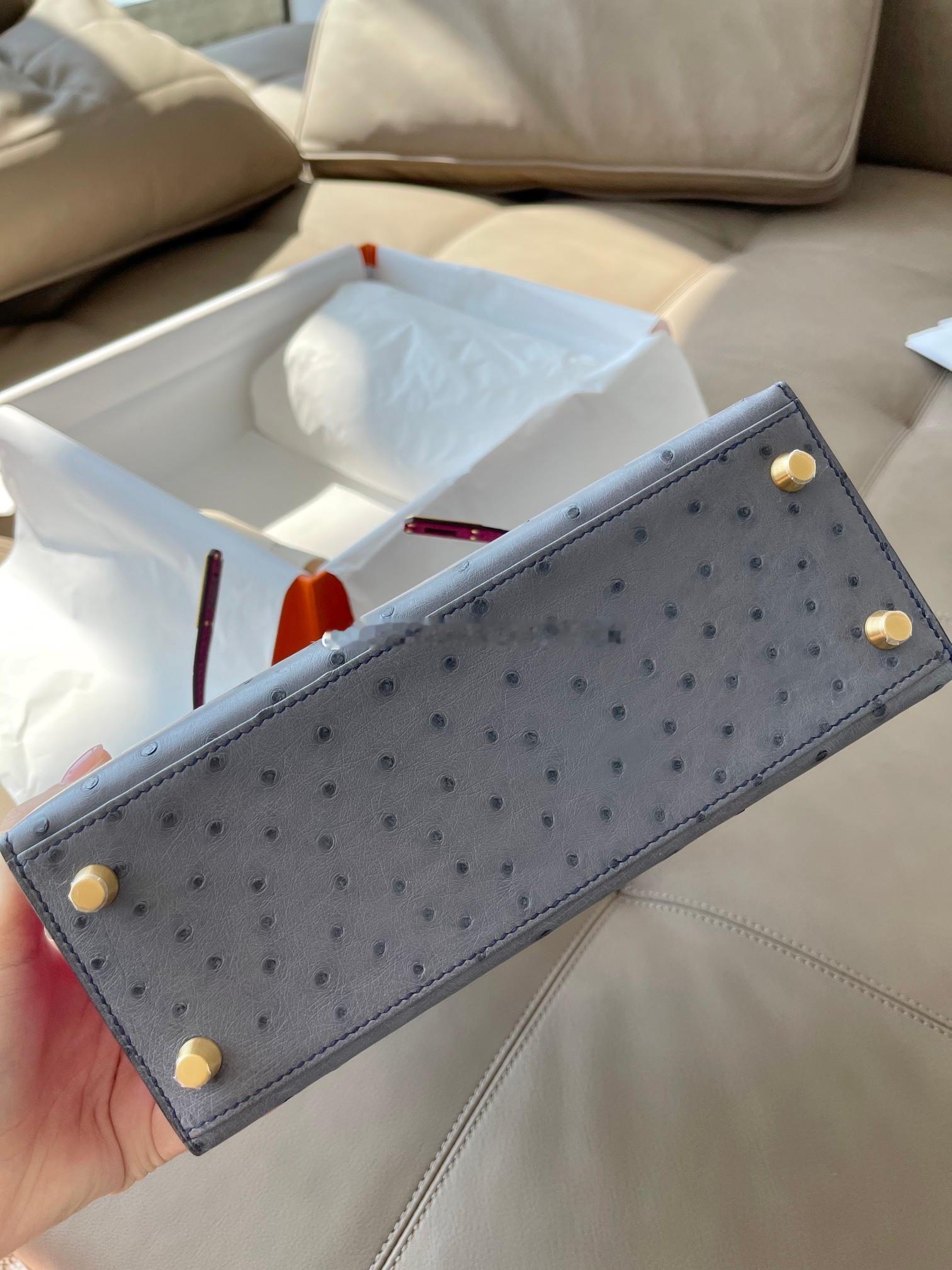 kelly 25cm 玛瑙蓝拼玫红色 磨砂金扣 南非鸵鸟皮 爱马仕hermes